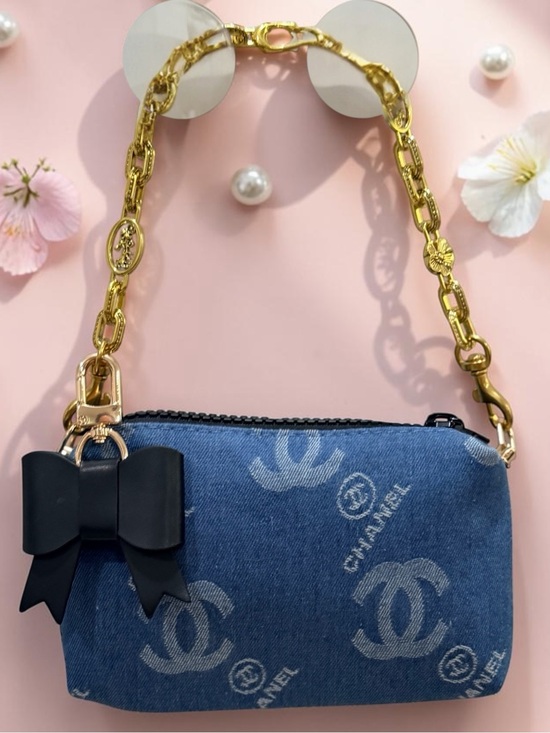 Unbranded Handbags - NEW | Blue Denim Logo Cosmetic Pouch with Gold-Tone Chain Strap & Bow Charm